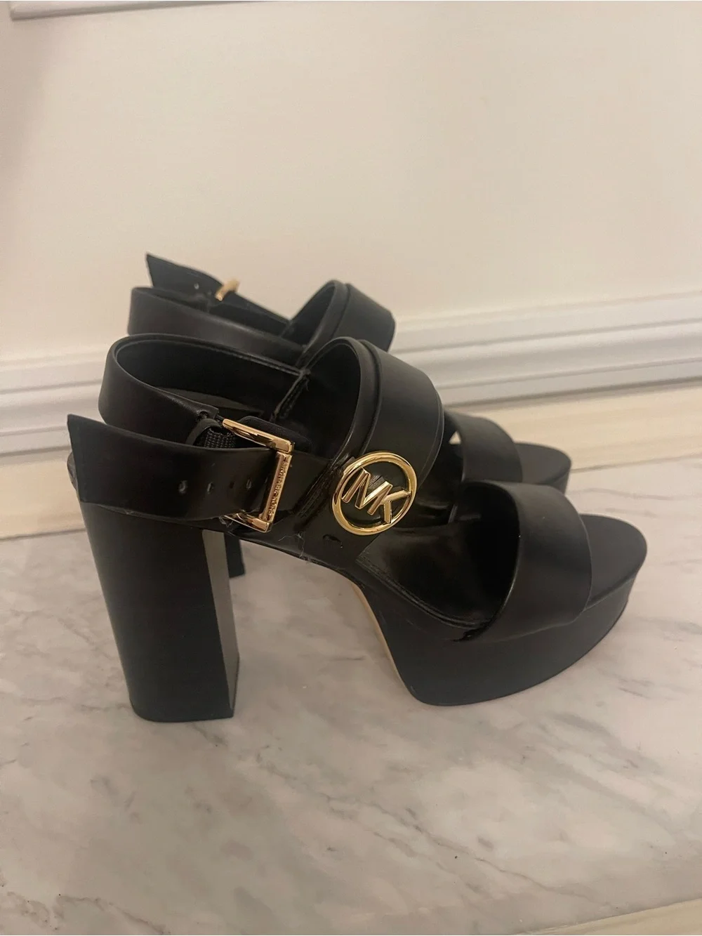 Michael Kors Black Platform Block Heel Sandals with Gold MK Accent